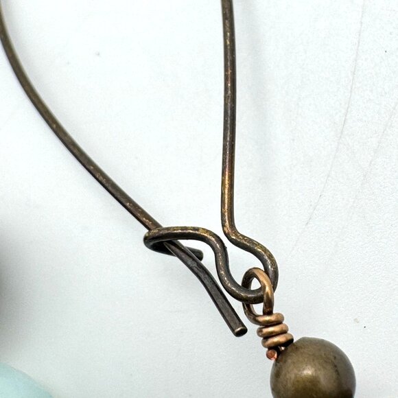 Handcrafted Bronze Filigree Opaque Aqua Teardrop Earrings Long Ear Wires - Picture 8 of 8